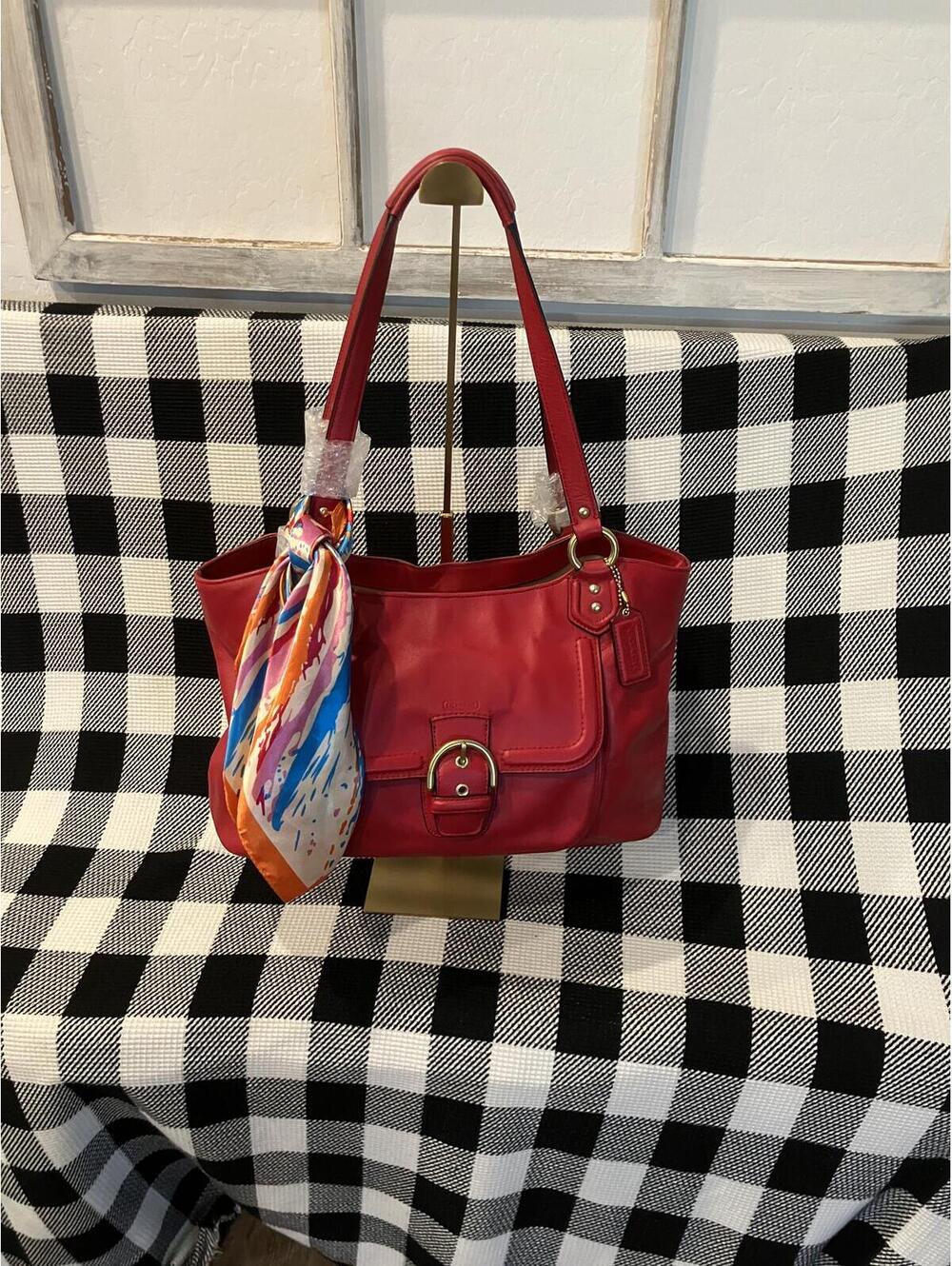 Coach Red Leather Shoulder Tote Bag with Front Buckle Detail
